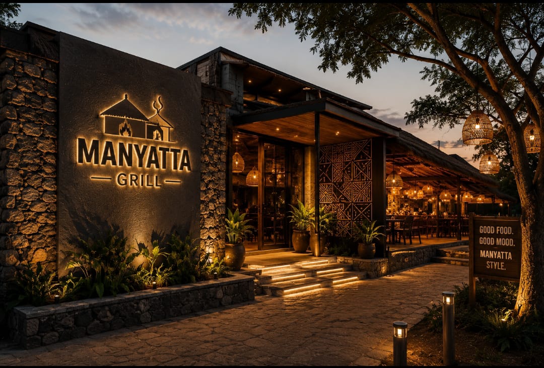 Manyatta Grill dining setting under thatched huts