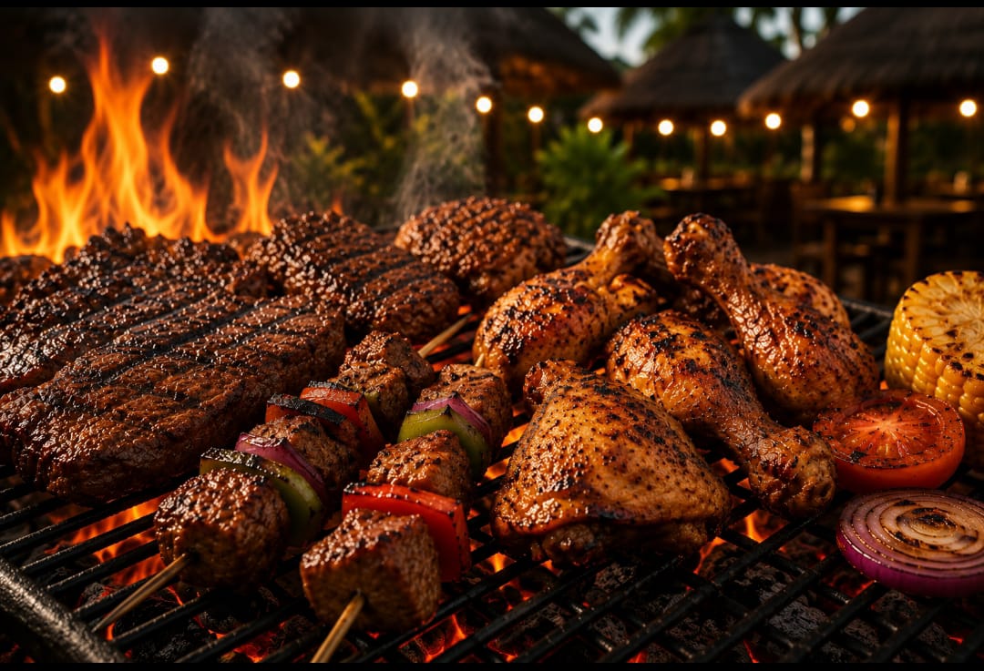 Grilled meat on the charcoal grill